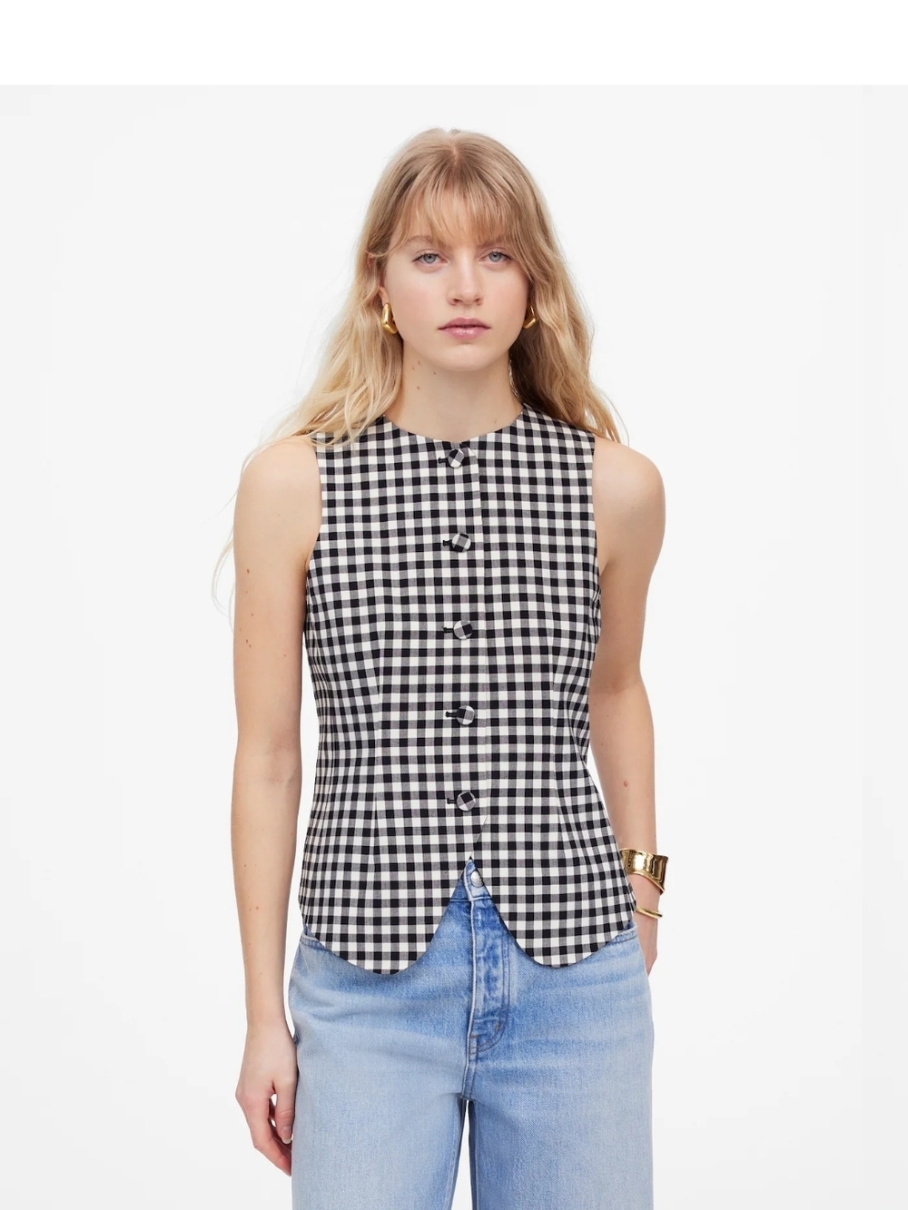 Madewell Black & White Gingham Sleeveless Button Top Vest